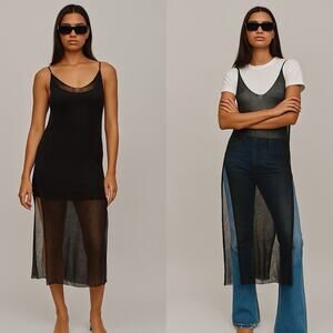 Fishnet Knit Textured Sheer Layering Versatile Midi Dress Beach Cover up M/L